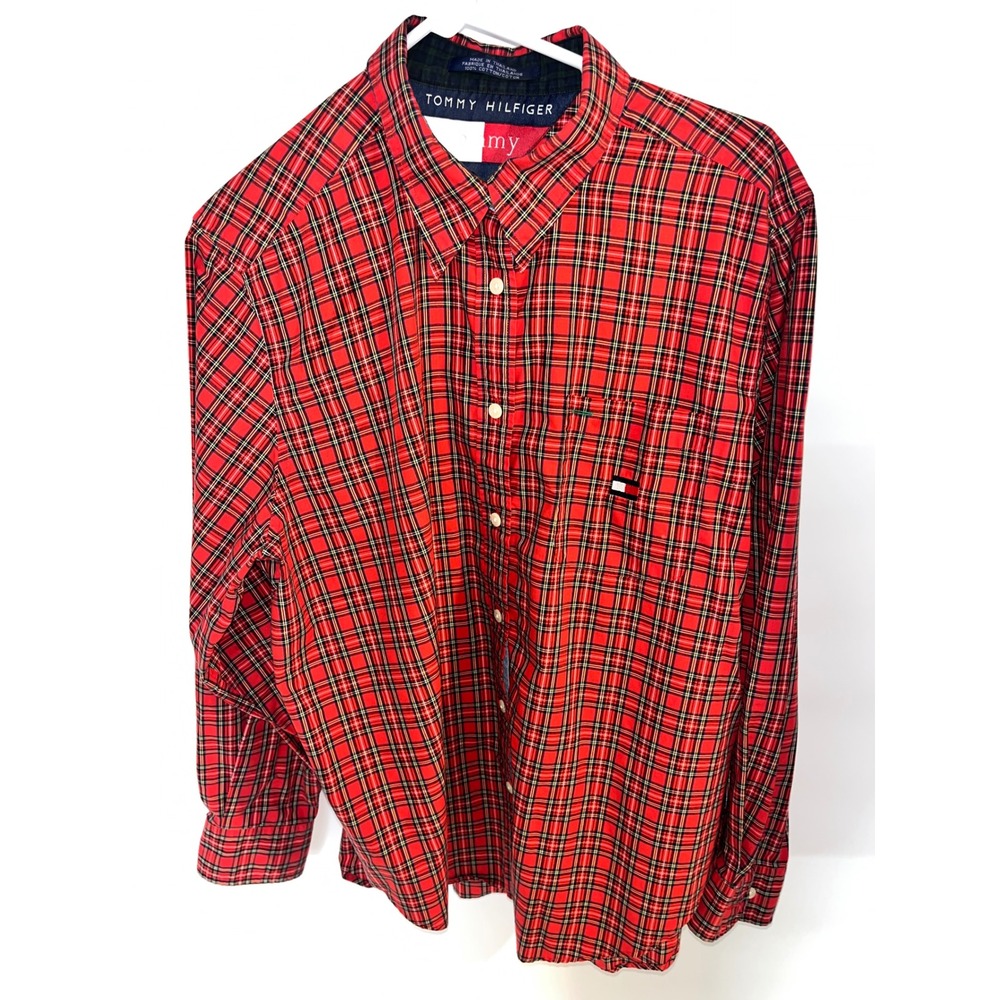 Tommy Hilfiger Women Red Plaid Button Up‎ Long Sleeve Shirt Classic Fit Size 16